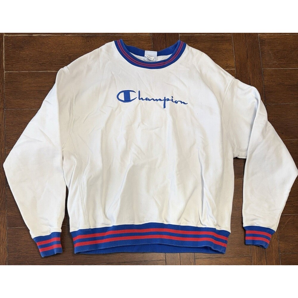 VTG Champion Reverse Weave Sweater Mens 2XL White Blue Crew Logo 90s Sports